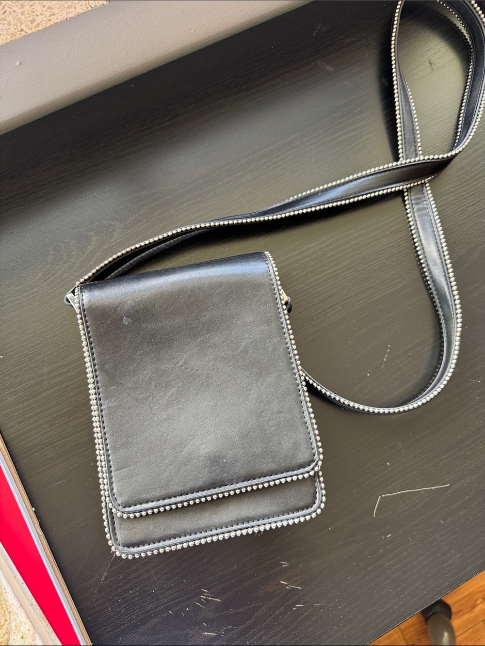 Black Leather Crossbody Bag with Stud Trim